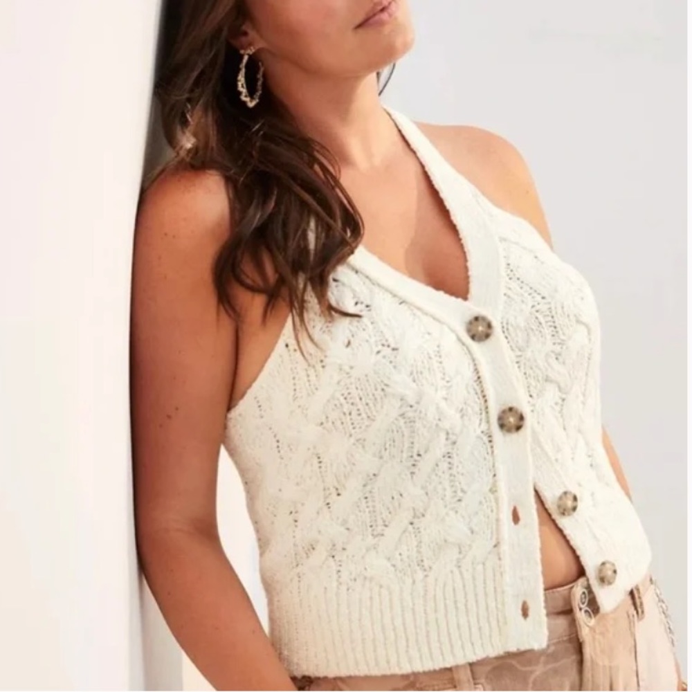 Pilcro Anthropologie Cable Knit Sleeveless Sweater Tank in Ivory Size XL